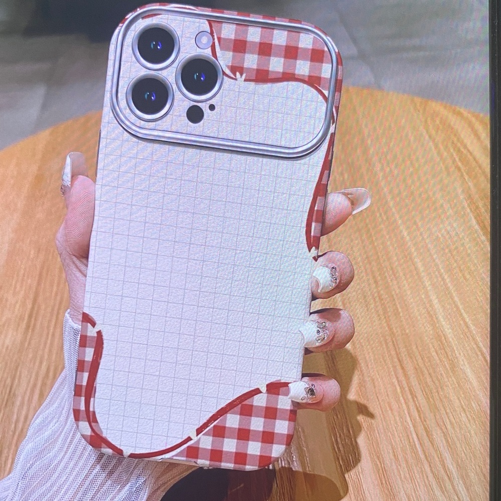 Protective Phone Case with Red Gingham Accents - White Grid Pattern
